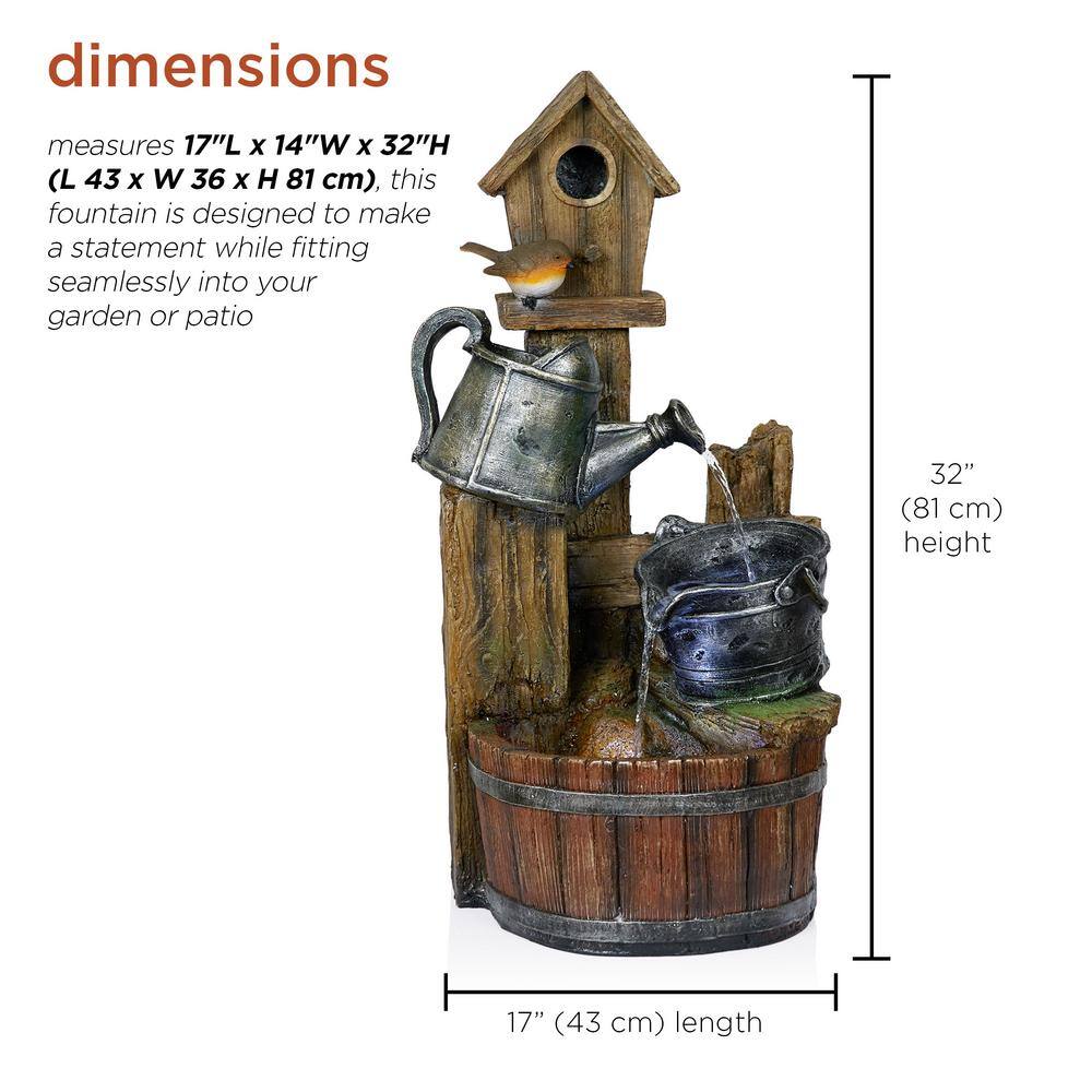 Rustic Polystone Watering Can Birdhouse Fountain with LED Lights