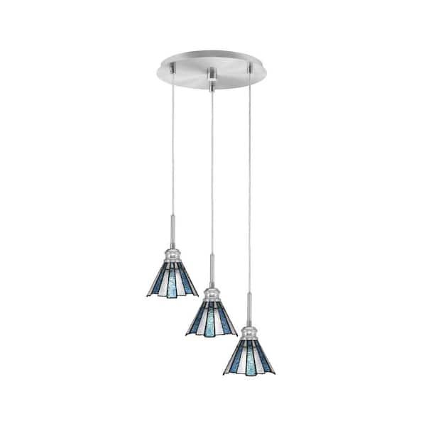 Unbranded Albany 60-Watt 14.5 in. 3-Light Brushed Nickel Cord Pendant Light Sea Ice Art Glass Shade