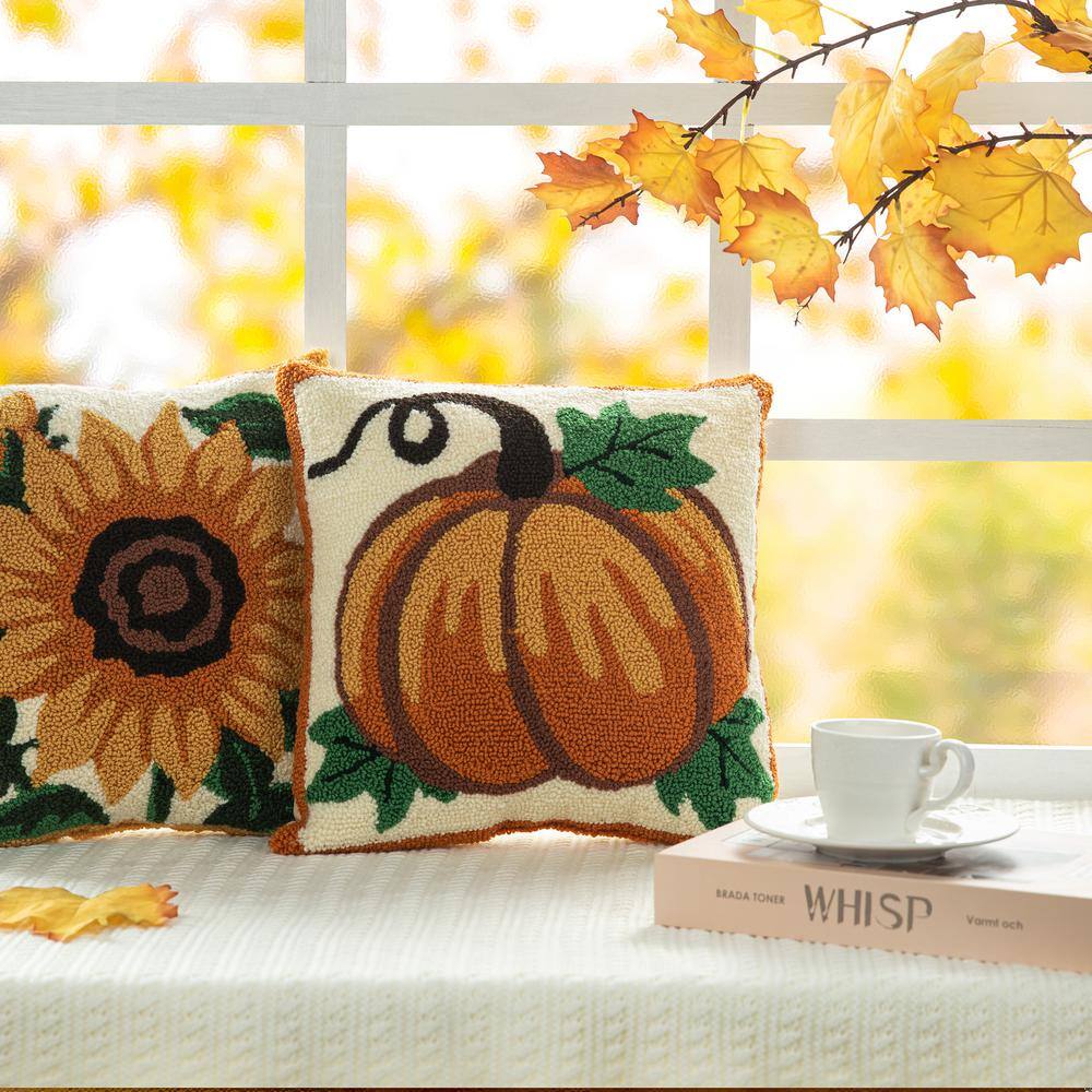 Handmade Hooked Pumpkin Fall Throw Pillow 14" x 14"