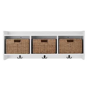 9.2 in. H x 40 in. W x 8.7 in. D White Wood Floating Decorative Cubby Wall Shelf with Hooks and Baskets