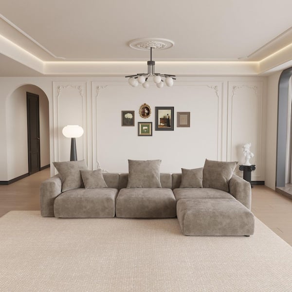 Unbranded 141.7 in. Modular 4-Piece L-Shaped Corduroy Living Room Sectional Sofa Couch with Deep Seats and Ottoman in Brown