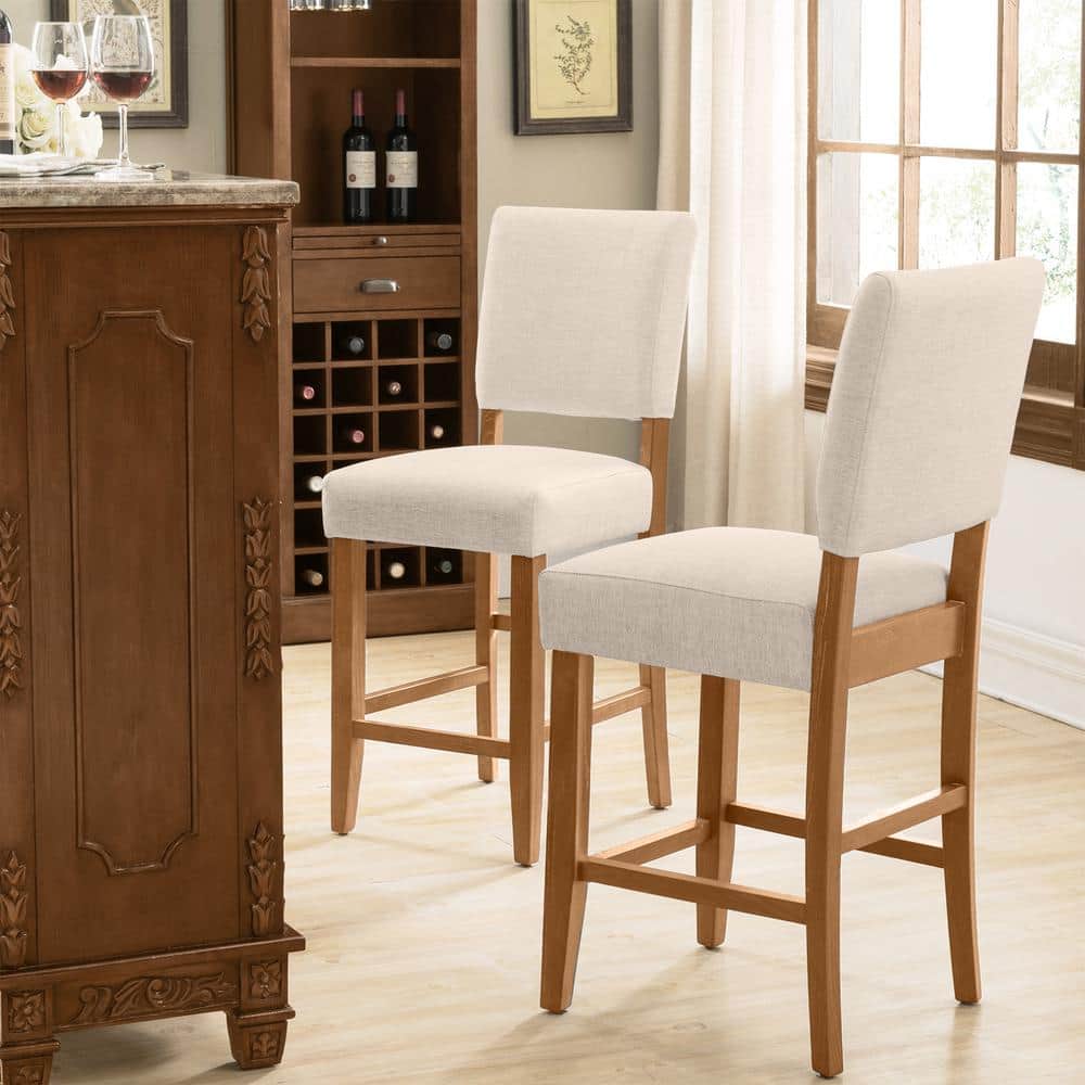 Natural White Sand Upholstered Counter Height Stools with Wood Base, Set of 2