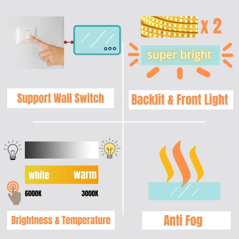 Rectangular Frameless LED Light Anti-Fog Bathroom Vanity Mirror
