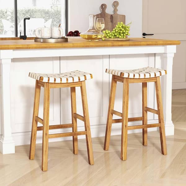 Costway 31 in. Beige Woven Saddle Stools Faux PU Leather Bar Height Kitchen Stool (Set of 2)