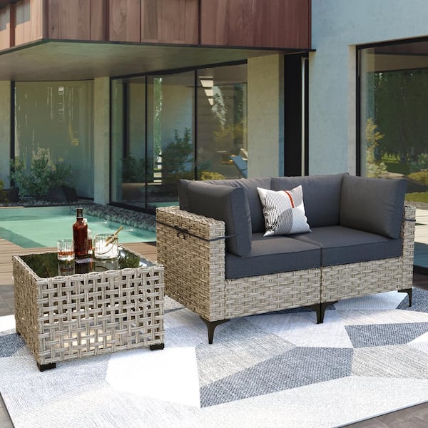OVIOS Supery Gray 3-Piece Wicker Patio Conversation Set with Black Cushions and Coffee Table