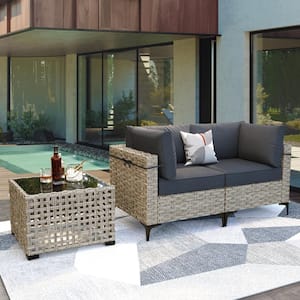 Supery Gray 3-Piece Wicker Patio Conversation Set with Black Cushions and Coffee Table