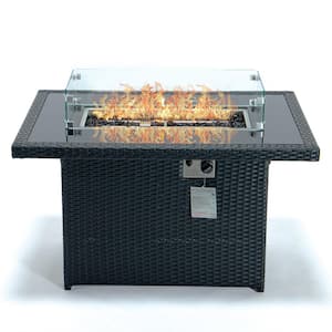 Mace 44 in. Black Modern Wicker 55,000 BTU Propane Patio Fire Pit Table with Lid and Fire Glass