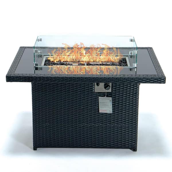 Leisuremod Mace 44 in. Black Modern Wicker 55,000 BTU Propane Patio Fire Pit Table with Lid and Fire Glass