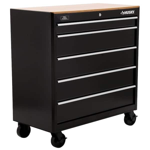 Husky 37 in. 5-Drawer Black Mobile Workbench with Solid Wood Top