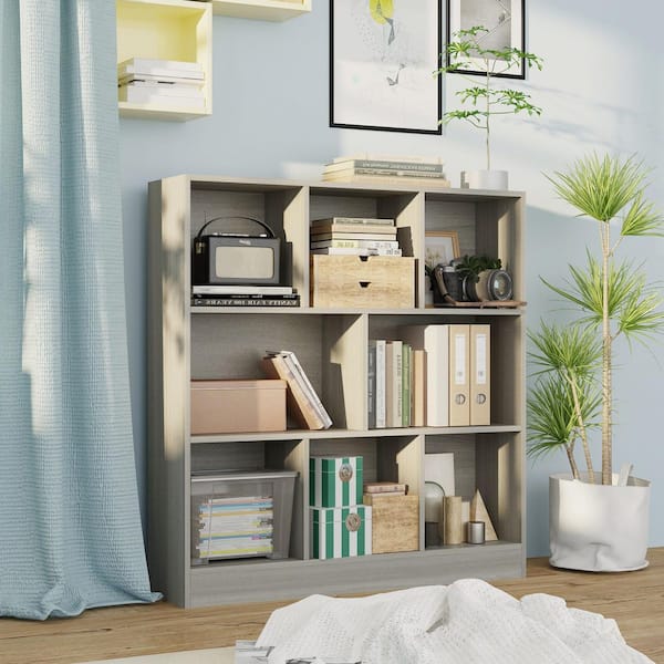 FUFU&GAGA 40.9 in. Tall x 39.4 in. W Gray Wood 8-Shelf Freestanding Standard Bookcase Display Bookshelf With Cubes