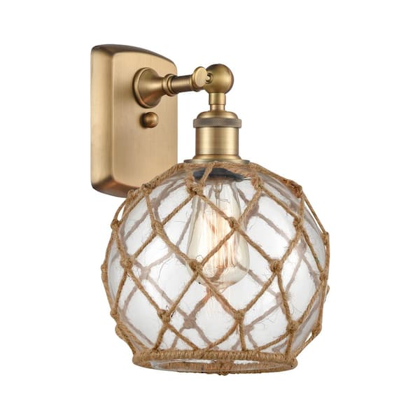 Innovations Farmhouse Rope 8 in. 1-Light Brushed Brass Wall Sconce with Clear Glass with Brown Rope Glass and Rope Shade