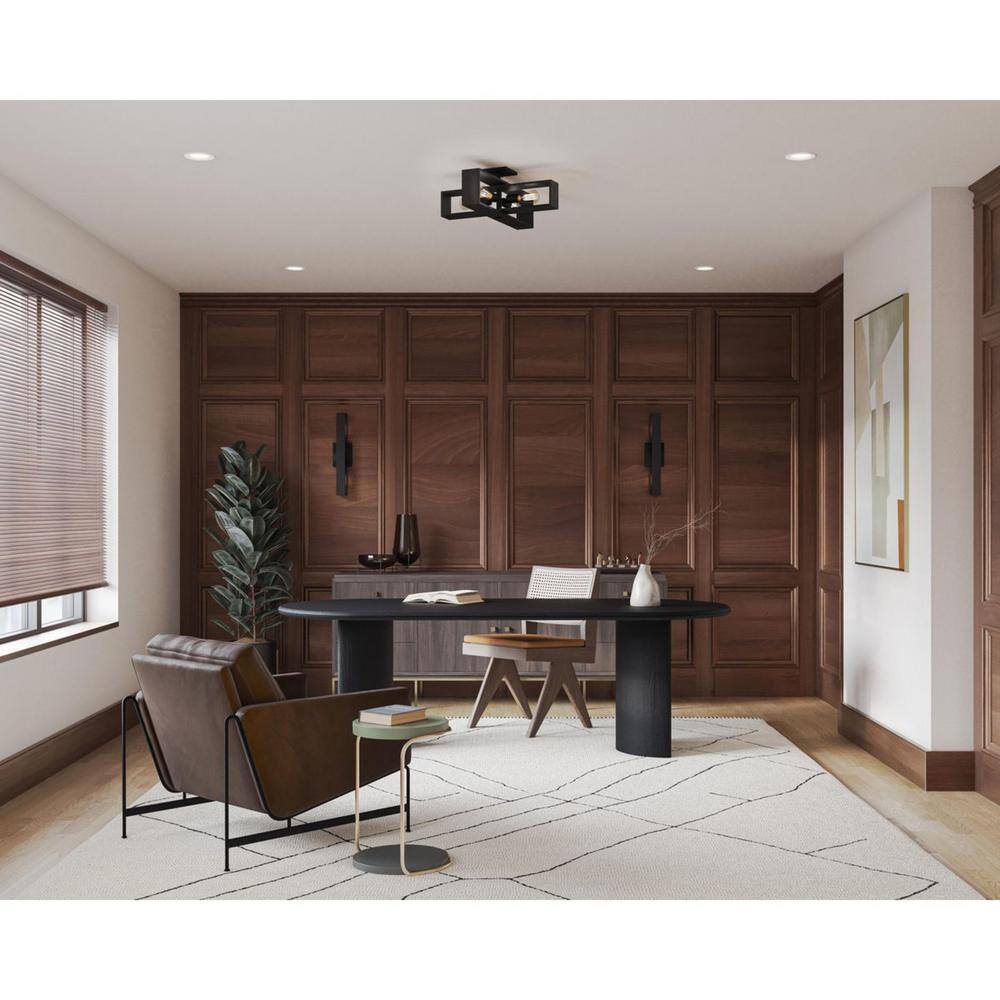 Matte Black and Wood 4-Light Flush Mount Ceiling Fixture