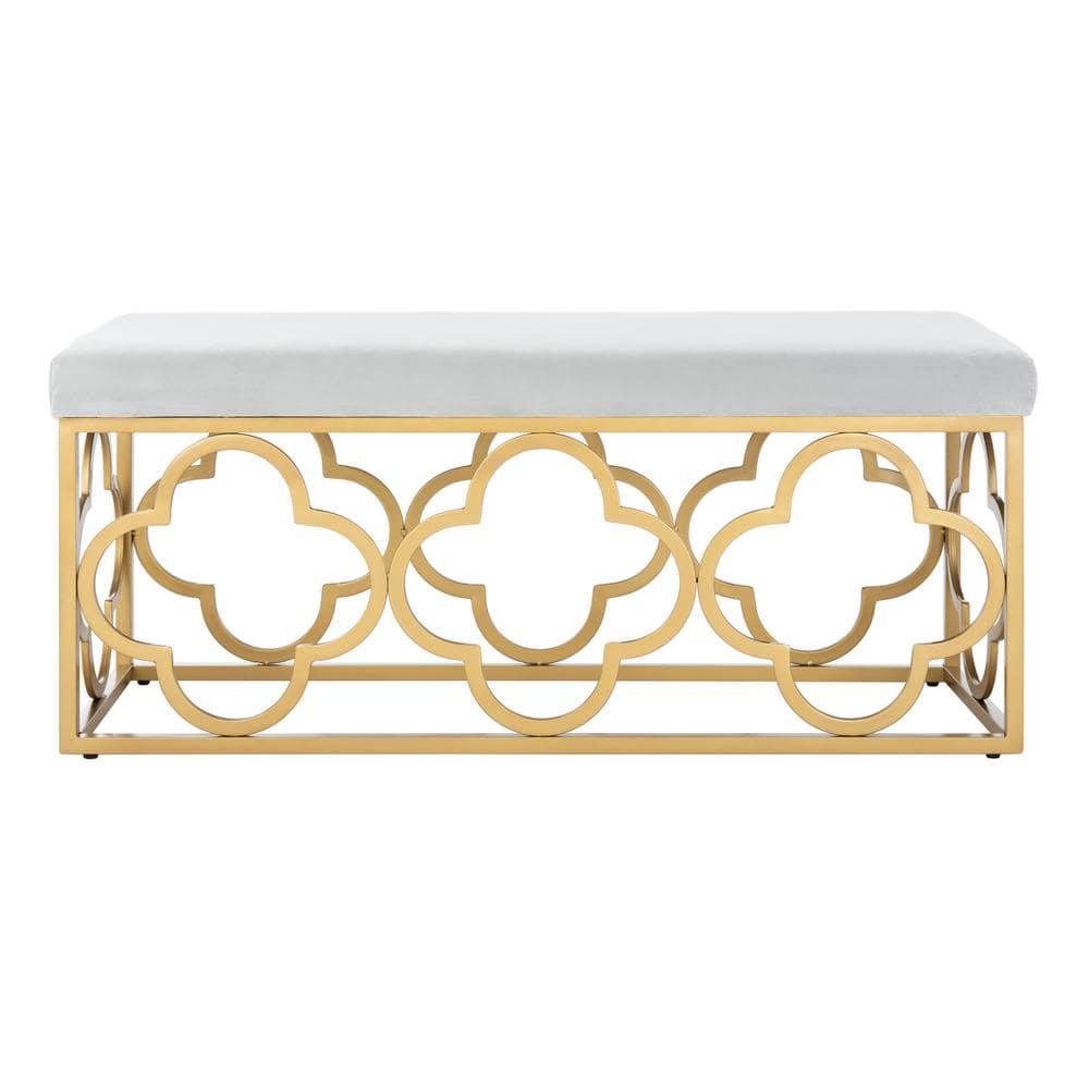 Elegant Fleur Quatrefoil Bench in Gray Velvet and Gold Finish