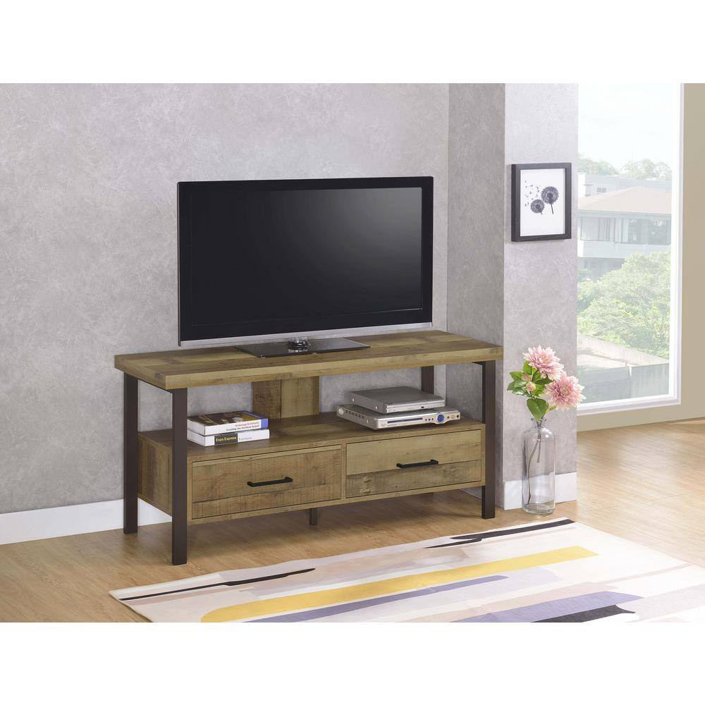 Transitional Weathered Pine TV Console with Black Legs and Storage Drawers