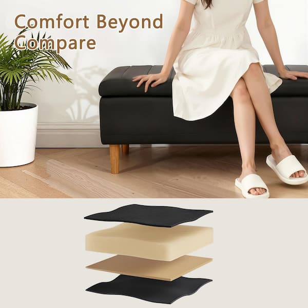 Modern Soft PU Leather Bench Ottoman 44" Shoestool with 6.1" Deep Storage-Space, Easily Stores Books, Blankets, Black