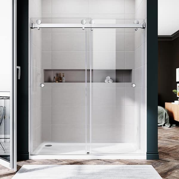 UNIKOO UKD01 56 to 60 in. W x 72 in. H Double Sliding Frameless Shower Door in Chrome, EnduroShield 3/8 in. Clear Glass