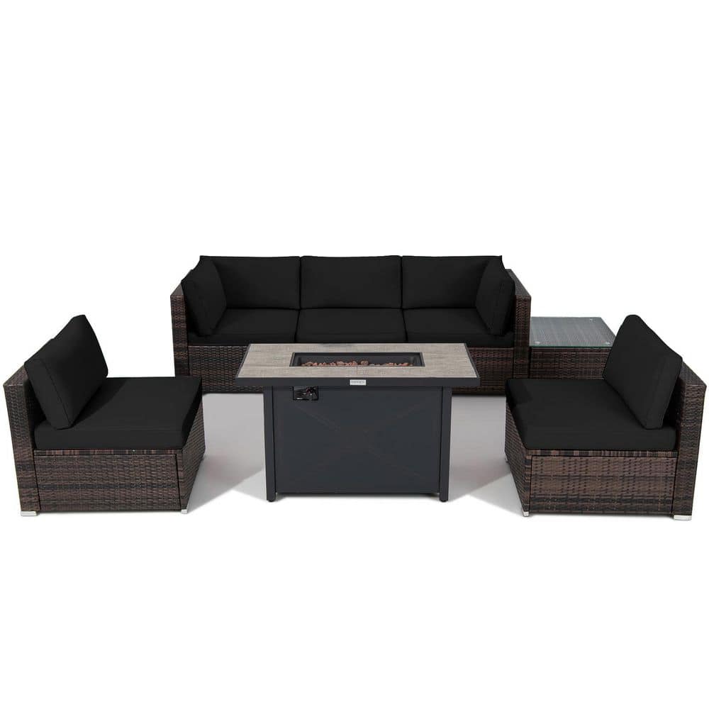Gymax 7Pieces Patio Rattan Furniture Set Fire Pit Table Cover Cushion Black GYM10338 The Home