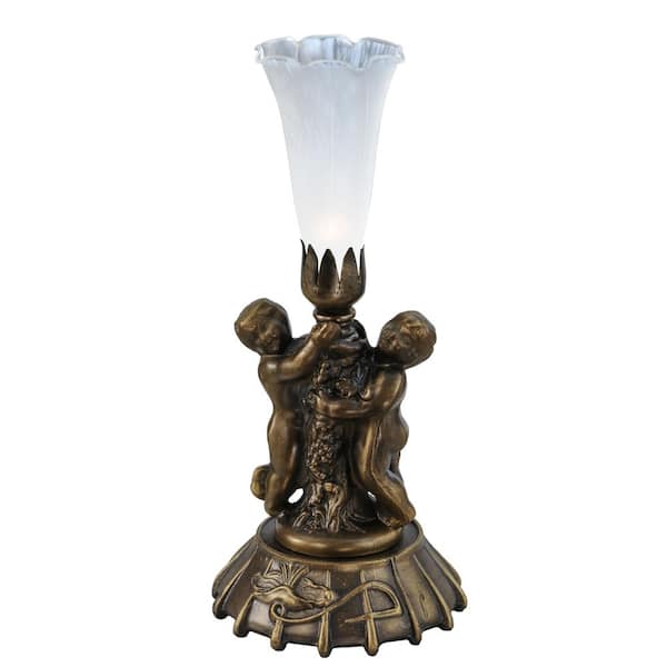 Pond Lily 12 in. Mahogany Bronze Novelty Victorian Twin Cherub Table Lamp with White Glass Shade
