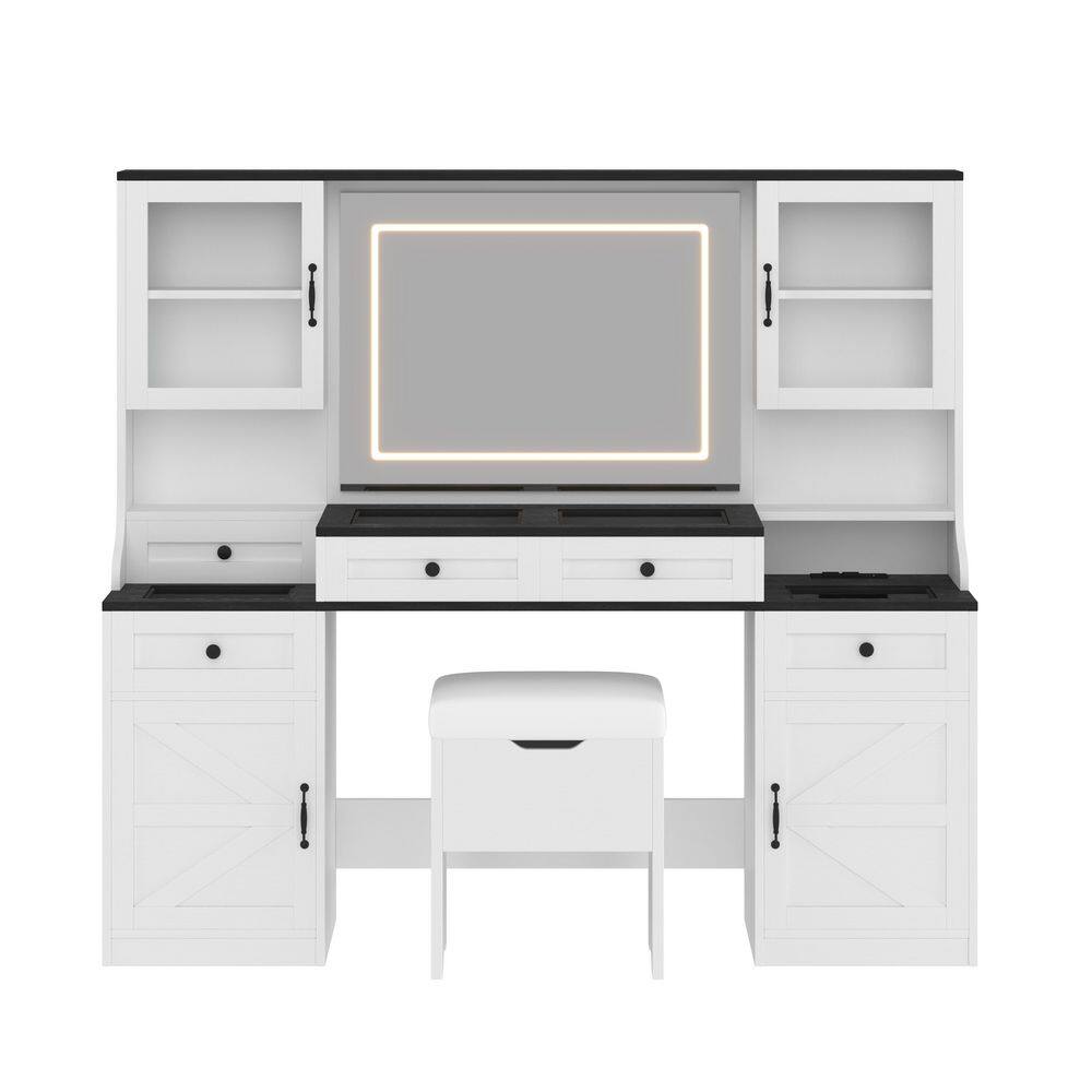 2-Piece White Makeup Vanity Set with Mirror, LED Lights, Drawers, Glass Visual Desktop and Cushion Stool - thumbnail 3