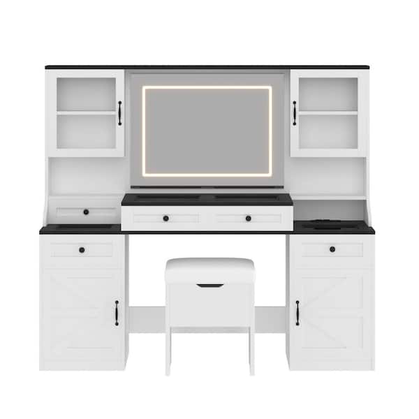 2-Piece White Makeup Vanity Set with Mirror, LED Lights, Drawers, Glass Visual Desktop and Cushion Stool
