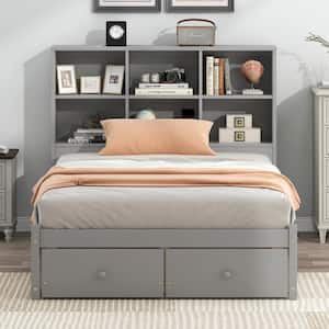 Gray Wood Frame Full Size Platform Bed with 2-Drawer, Headboard including Built-in Shelves, USB Charging Station