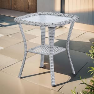 Larocca Light Gray PE Wicker Outdoor Side Table Square Patio Coffee table with Glass Top