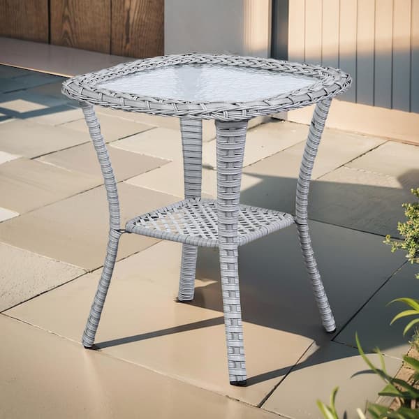 Gymojoy Larocca Light Gray PE Wicker Outdoor Side Table Square Patio Coffee table with Glass Top
