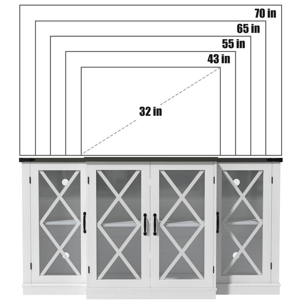 White Farmhouse 63" TV Stand with Glass Cabinet Doors
