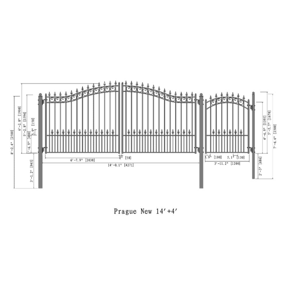 Prague Style Black Steel Dual Driveway and Pedestrian Gate