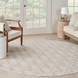 Aloha Ivory Grey 8 ft. Round Tropical Palm Leaf Contemporary Indoor/Outdoor Patio Area Rug