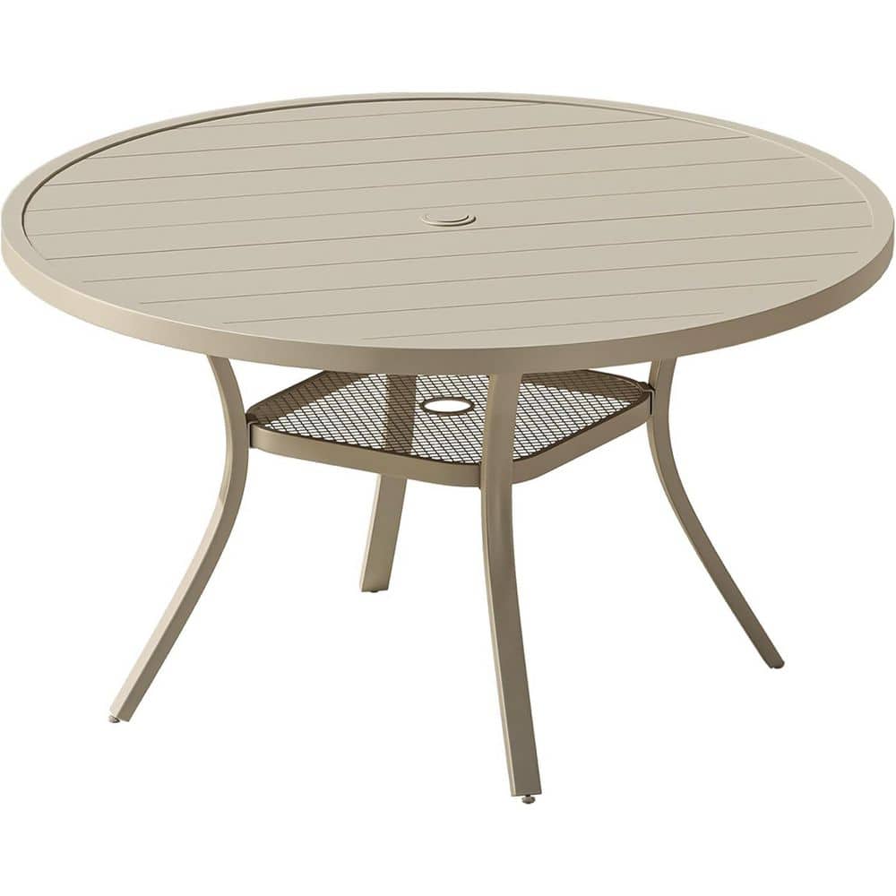 47.2 in. Round Metal Outdoor Dining Table with Umbrella Hole and Storage Shelf in Sandshell price history on PriceWatchPro