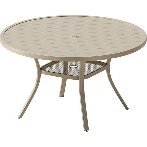 47.2 in. Round Metal Outdoor Dining Table with Umbrella Hole and Storage Shelf in Sandshell