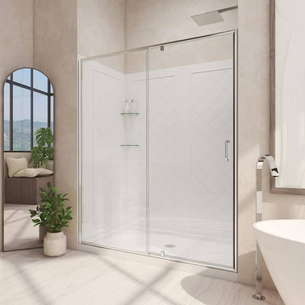 DreamLine Flex 36 in. D x 48 in. W x 76.75 in. Framed Pivot Shower Door in Chrome with Center Drain Shower Base in White