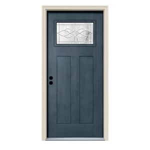 36 in. x 80 in. Denim Right-Hand 1-Lite Craftsman Carillon Stained Fiberglass Prehung Front Door with Brickmould