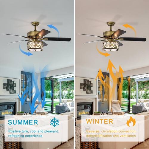 52 in. Indoor Antique Brass Modern Ceiling Fan with Remote Control, 5 Reversible Blades and AC Motor, no Bulb Ceiling Fans