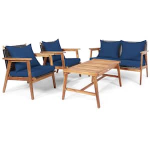 4-PiecesWicker Patio Conversation Set Wood Frame Sectional Sofa with Coffee Table and Navy Cushions