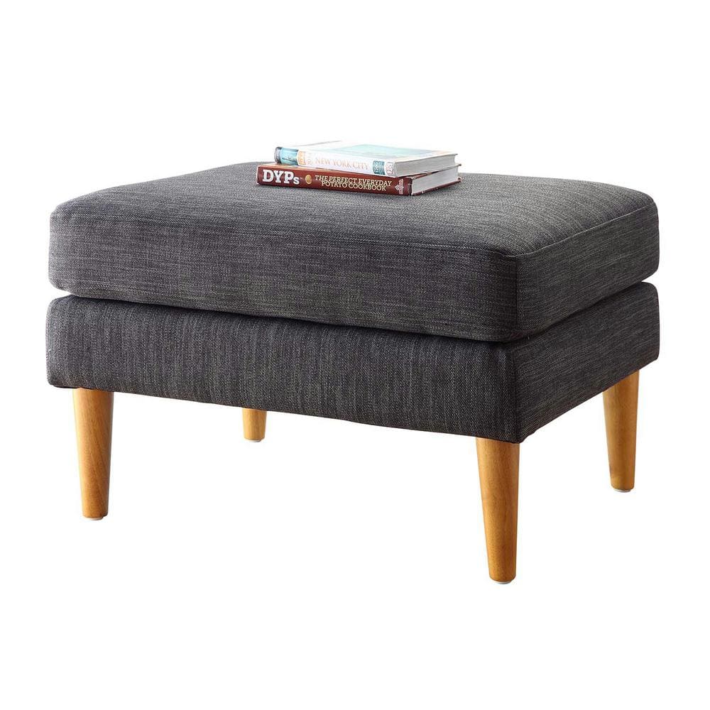 Gray Round Mid Century Ottoman with Solid Wood Legs