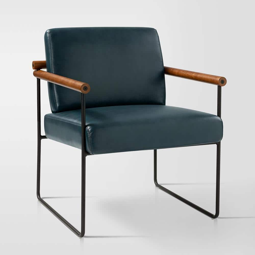 JAYDEN CREATION Juan Turquoise Modern Leather Arm Chair with Metal Base