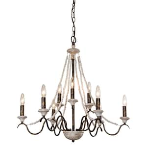 Farmhouse 9-Light Distressed White Wood Beaded French Country Chandelier for Kitchen Dining Room
