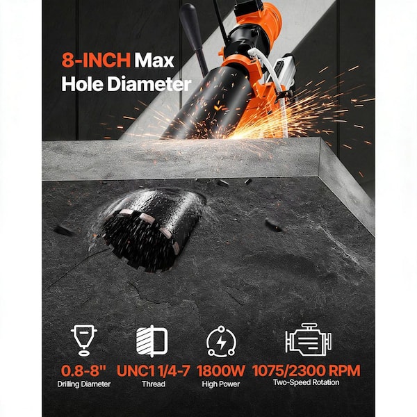 Diamond Core Drilling Machine, 8-inch Drilling Capacity, Dual-Mode Handheld & Stand-Mount Dry/Wet Core Drill Rig