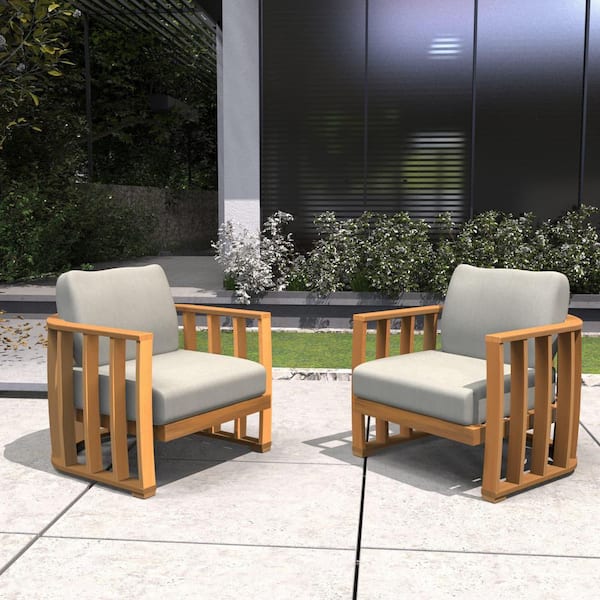 Frame Natural Acacia Wood Outdoor Sofa Chairs with Beige Cushions (2-Pack)
