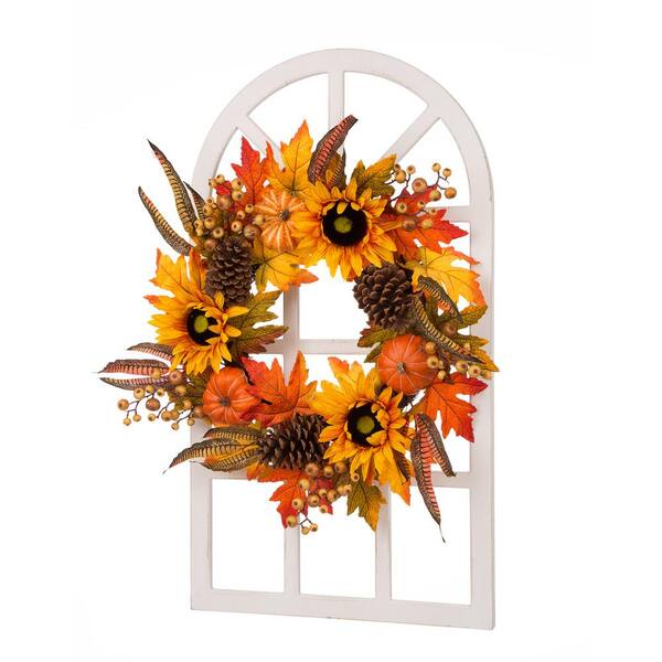 Glitzhome 24 in. Artificial L x 36 in. Artificial W x 6.89 in. Artificial H Wooden Window Frame with Sunflower Wreath