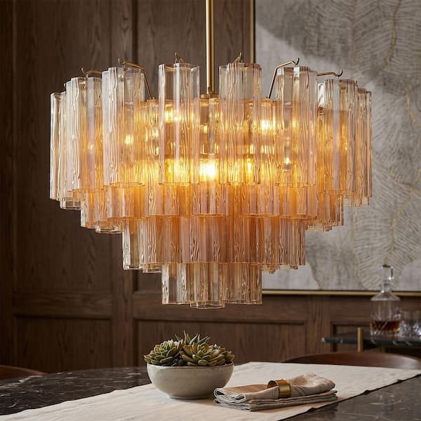 24 in. 8-Light Dimmable Brass Kitchen Island Chandelier with 4-Tier Amber Glass for Living Room, Bedroom, Dining Room