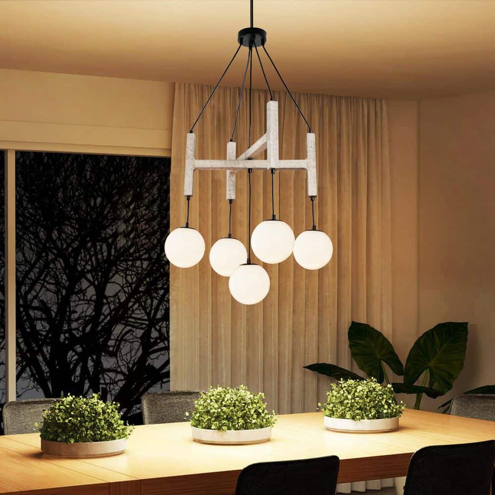 5-Light Black Sputnik Chandelier Wood Chandeliers with Milk Glass Globe for Dining Room with no bulbs included price history on PriceWatchPro