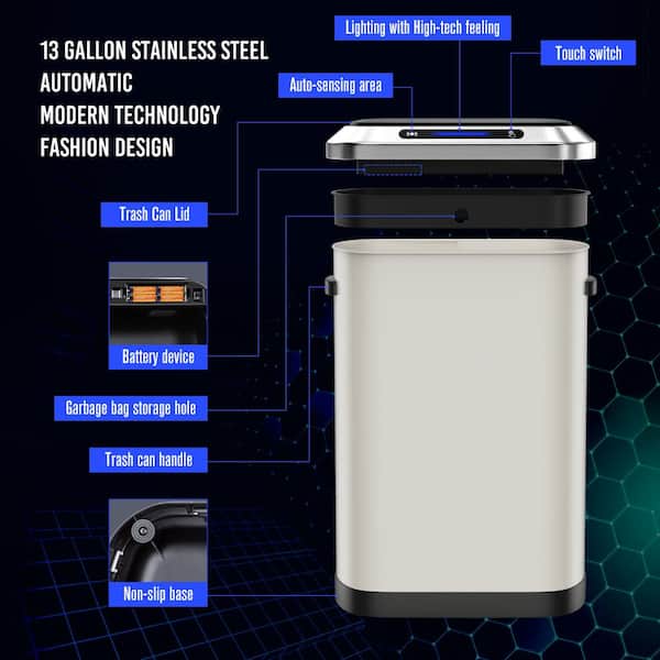 Intelligent Touchless Sensor Stainless Steel Trash Can 13 Gallon-White