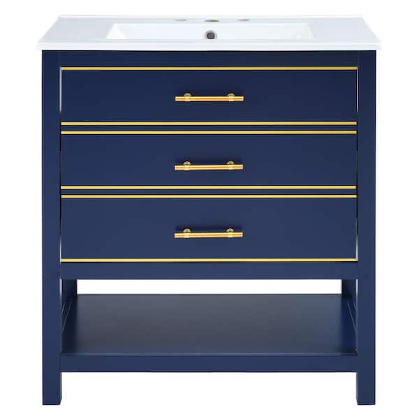 Tenleaf 30 in. W Single Sink Freestanding Bath Vanity in Blue with White Ceramic Top and 2 Drawers, Open Storage