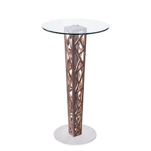 Crystal Bar Table with Walnut Veneer Column and Brushed Stainless Steel Finish with Clear Tempered Glass Top