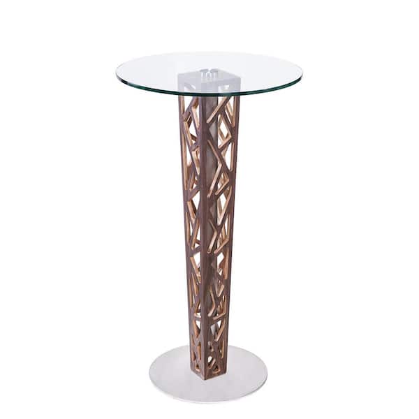 Armen Living Crystal Bar Table with Walnut Veneer Column and Brushed Stainless Steel Finish with Clear Tempered Glass Top