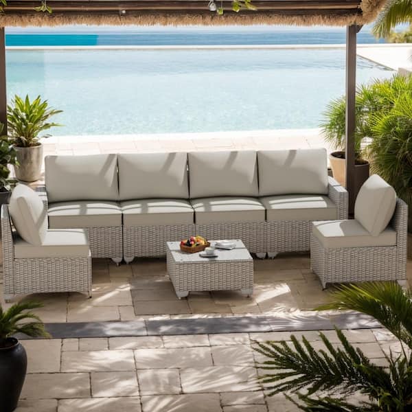 Gray Rattan Khaki Fabric Outdoor 7-piece Patio Coversation set with Coffee Table Waterproof
