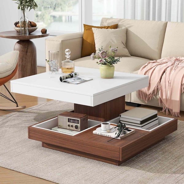 27.56 in. White/Walnut Square MDF Coffee Table with 360° Rotating Top and 3-Detachable Tray